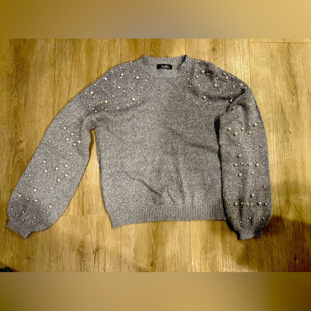 Heather Gray dropped shoulder knit sweater with stunning pearl detailing!